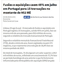 Fuses e aquisies caem 45% em julho em Portugal para 15 transaes no montante de 952 ME